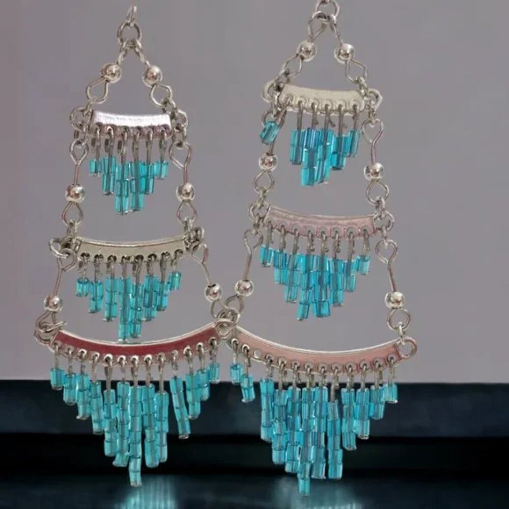 Vintage 90s Y2K Beaded Chandelier Earrings Silver Blue Dangle Earrings